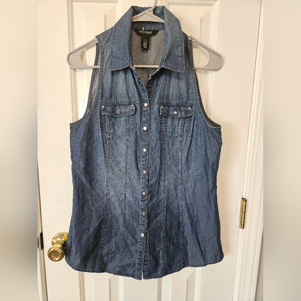 WHBM Sleeveless Denim Button-Front Shirt - Blue